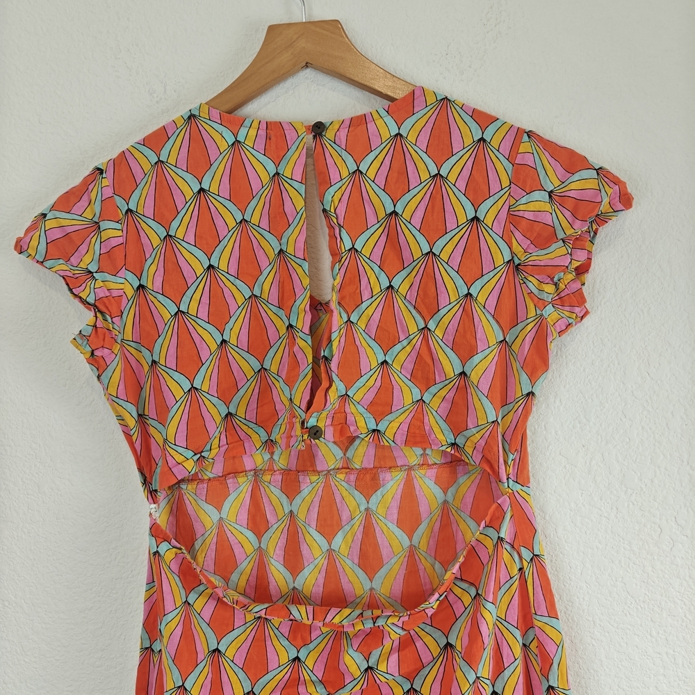 Kalimera Scalloped Geometric Cotton V-Neck Open Back Dress S/M Chic Summer Midi - Picture 13 of 16